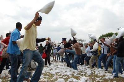 Stuffing lies thick on the ground as students let fly with pillows